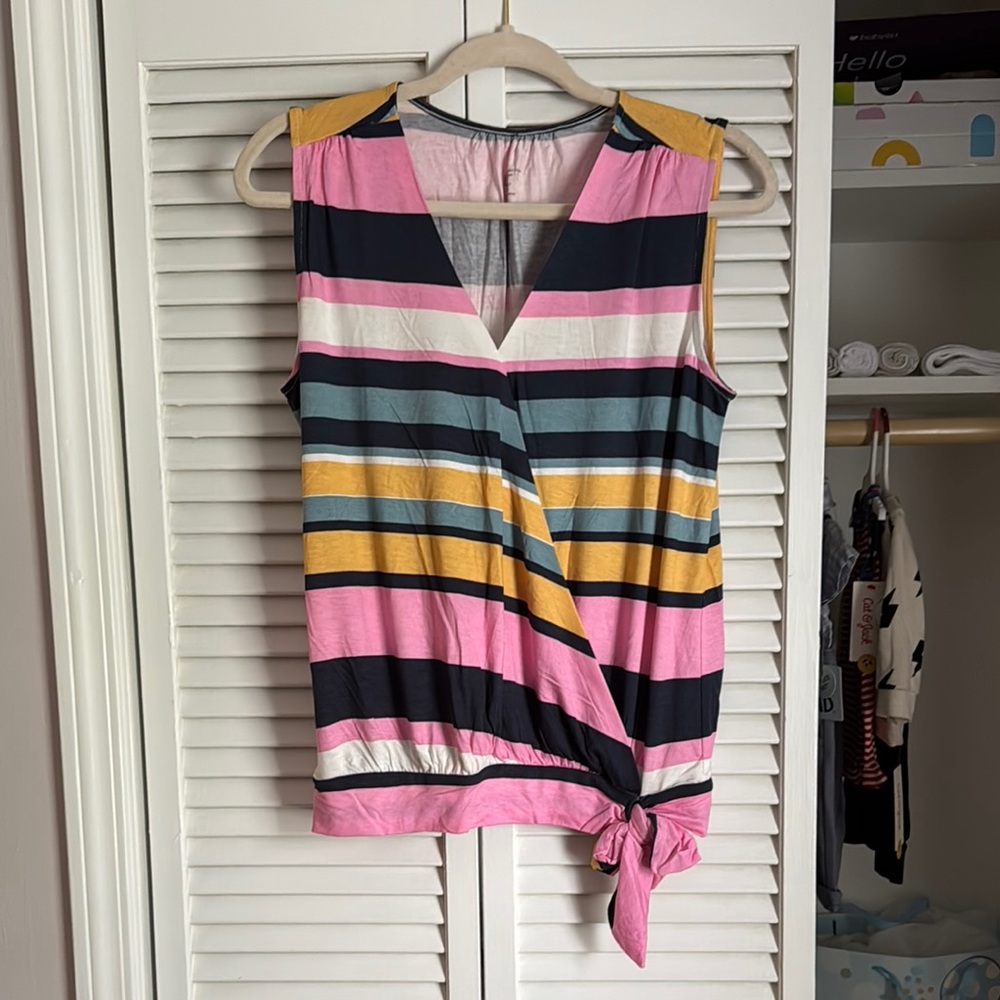 LOFT Pink and Blue Sleeveless Tie Front Tank Top - Medium Petite